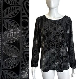 Chico's Velvet Burn out Long Sleeve Top Size 2 Large Black Grey Aztec Geometric